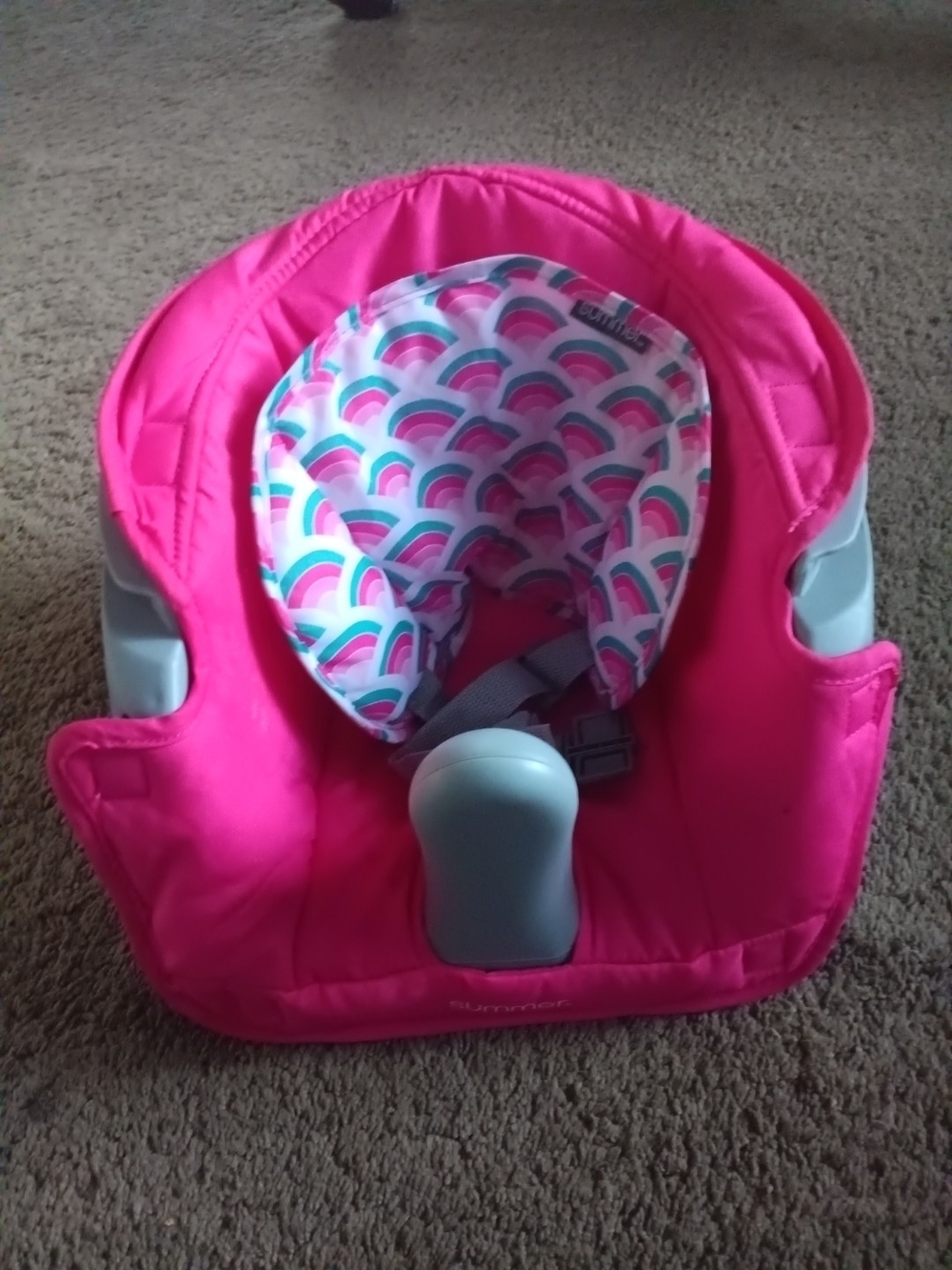 Bright Pink Kids Booster Seat with Rainbow Liner
